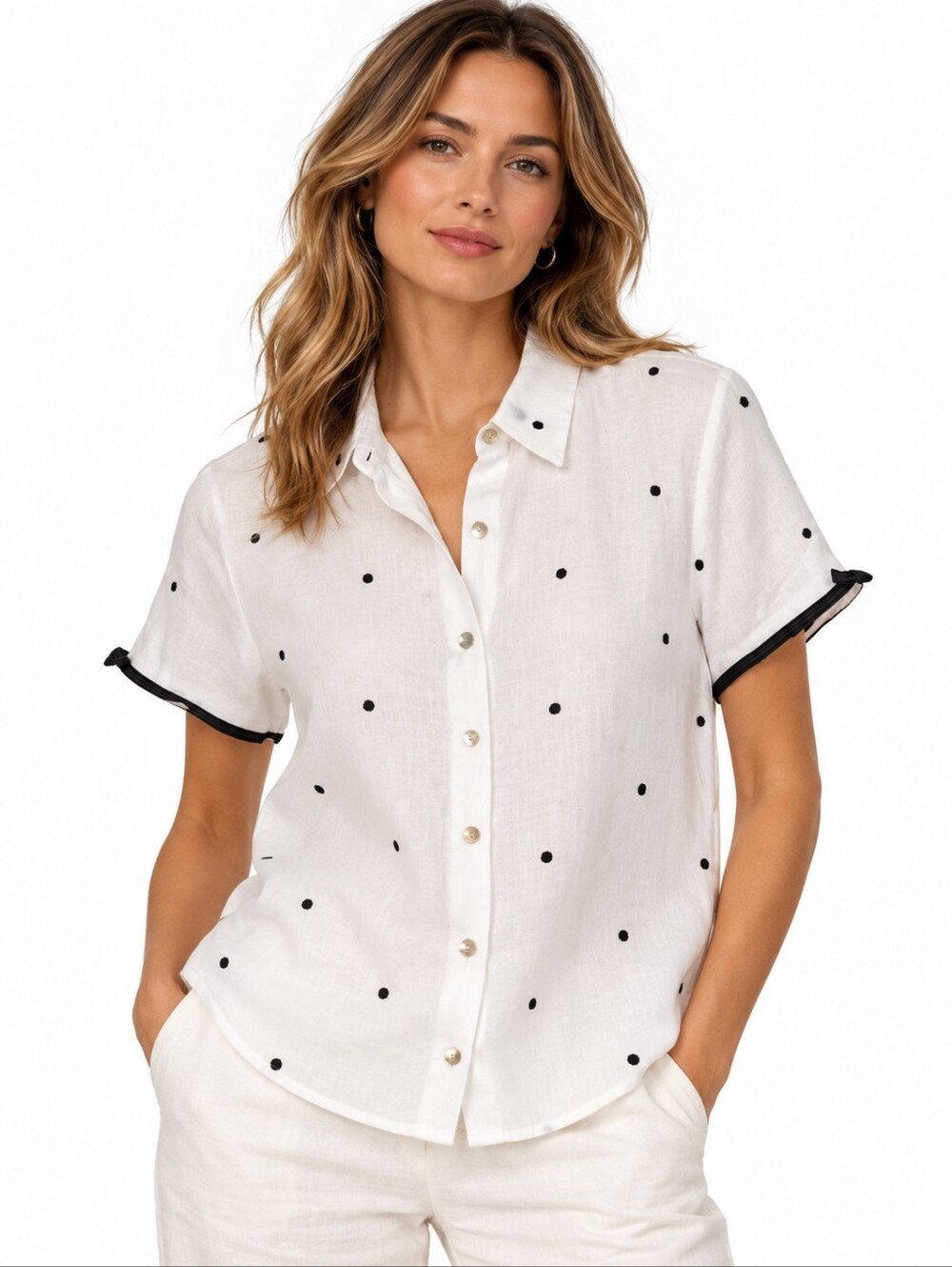 Vintage Richard Malcolm Women 100% Irish Linen Polka Dot Button Up Blouse White
